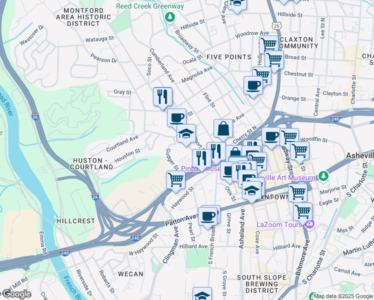map of restaurants, bars, coffee shops, grocery stores, and more near 90 Montford Avenue in Asheville