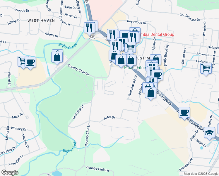 map of restaurants, bars, coffee shops, grocery stores, and more near 1955 Union Place in Columbia