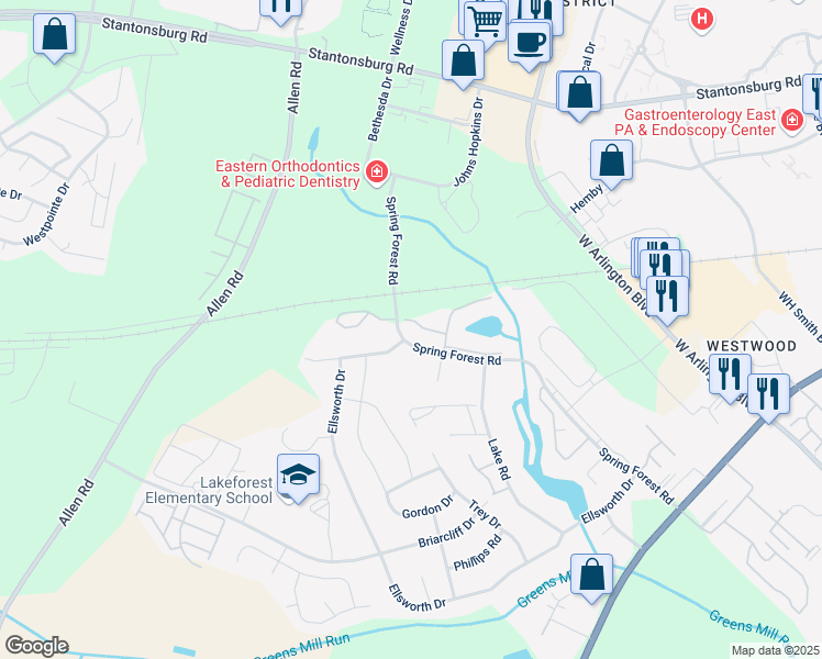 map of restaurants, bars, coffee shops, grocery stores, and more near 535 Spring Forest Road in Greenville