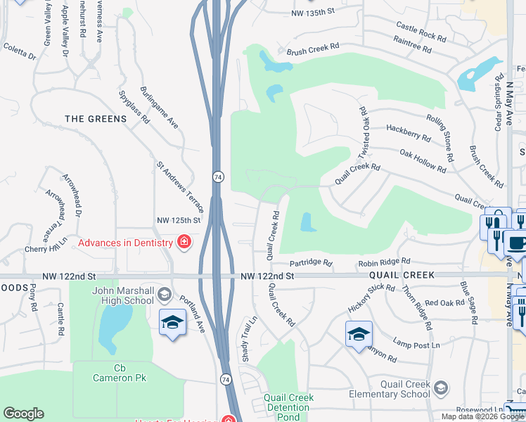 map of restaurants, bars, coffee shops, grocery stores, and more near 12604 Maple Ridge Road in Oklahoma City