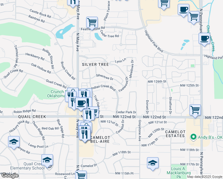 map of restaurants, bars, coffee shops, grocery stores, and more near 2716 Indian Creek Boulevard in Oklahoma City