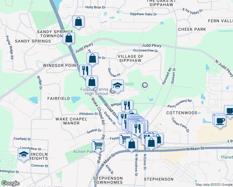 map of restaurants, bars, coffee shops, grocery stores, and more near 201 Bengal Boulevard in Fuquay-Varina