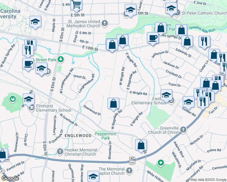 map of restaurants, bars, coffee shops, grocery stores, and more near 1106 West Wright Road in Greenville