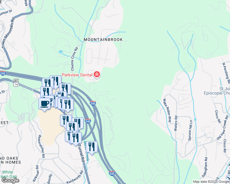 map of restaurants, bars, coffee shops, grocery stores, and more near 85 Piney Mountain Drive in Asheville