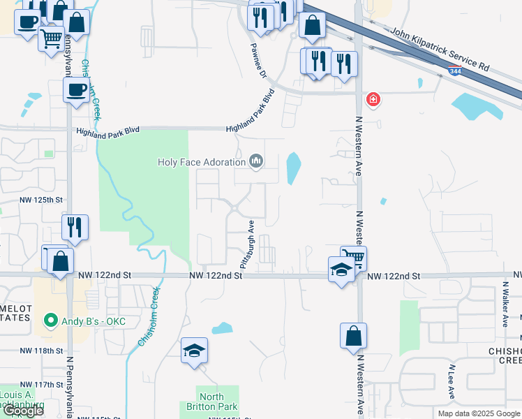 map of restaurants, bars, coffee shops, grocery stores, and more near 12613 William Penn Boulevard in Oklahoma City