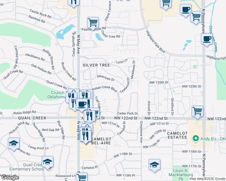 map of restaurants, bars, coffee shops, grocery stores, and more near 2716 Indian Creek Boulevard in Oklahoma City