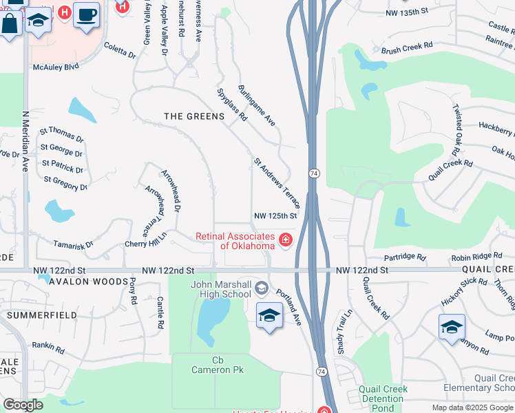 map of restaurants, bars, coffee shops, grocery stores, and more near 12604 Saint Andrews Drive in Oklahoma City