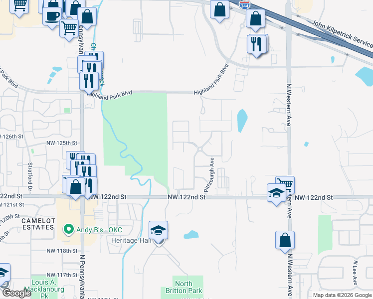map of restaurants, bars, coffee shops, grocery stores, and more near 12512 Nittany Circle in Oklahoma City
