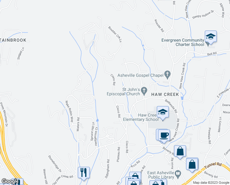 map of restaurants, bars, coffee shops, grocery stores, and more near 91 Cisco Road in Asheville