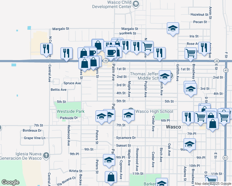 map of restaurants, bars, coffee shops, grocery stores, and more near 2036 4th Street in Wasco