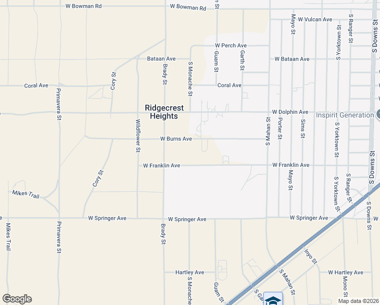 map of restaurants, bars, coffee shops, grocery stores, and more near 1559 West Burns Avenue in Ridgecrest