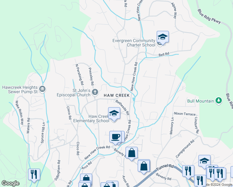 map of restaurants, bars, coffee shops, grocery stores, and more near 330 Old Haw Creek Road in Asheville