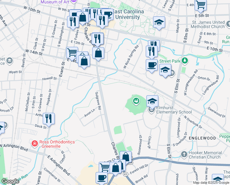 map of restaurants, bars, coffee shops, grocery stores, and more near Pirates Walk in Greenville