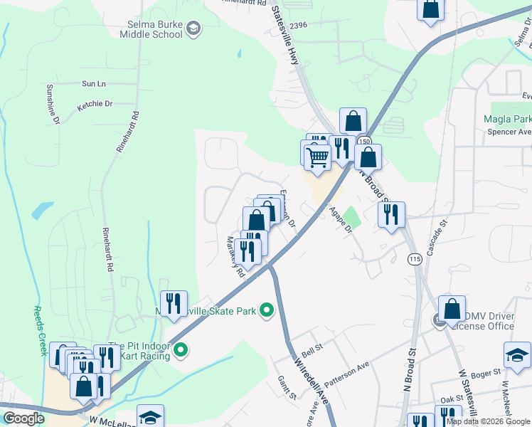 map of restaurants, bars, coffee shops, grocery stores, and more near 188c Limerick Road in Mooresville