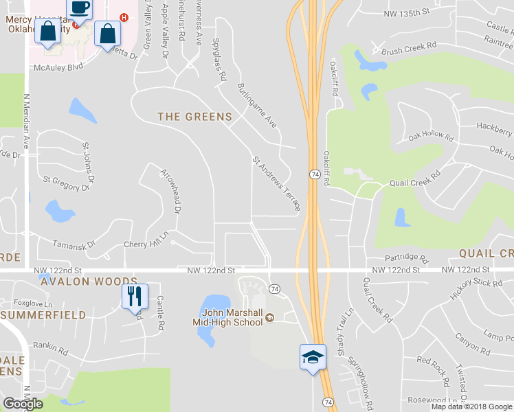 map of restaurants, bars, coffee shops, grocery stores, and more near 12604 Saint Andrews Drive in Oklahoma City