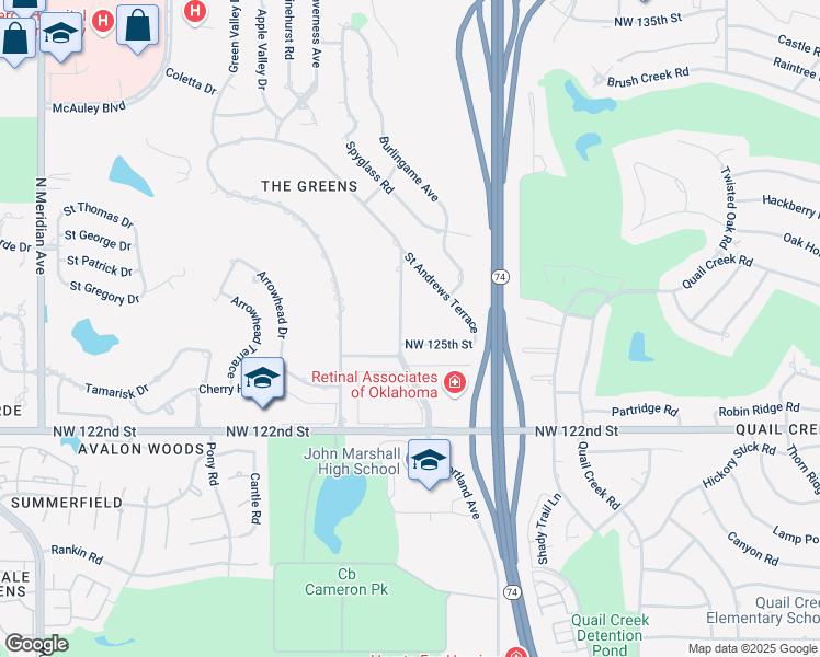 map of restaurants, bars, coffee shops, grocery stores, and more near 12604 Saint Andrews Drive in Oklahoma City