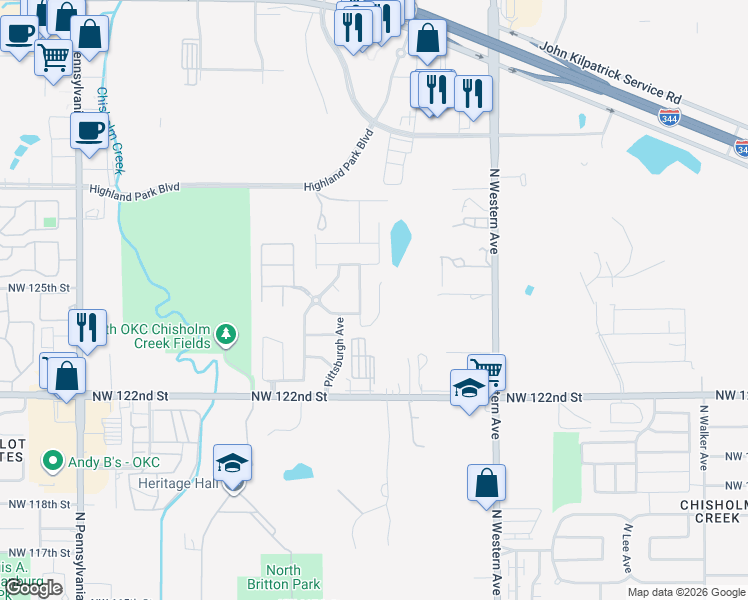 map of restaurants, bars, coffee shops, grocery stores, and more near 12620 Heritage Oaks Drive in Oklahoma City