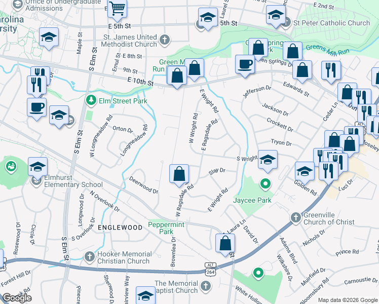 map of restaurants, bars, coffee shops, grocery stores, and more near 1108 West Wright Road in Greenville