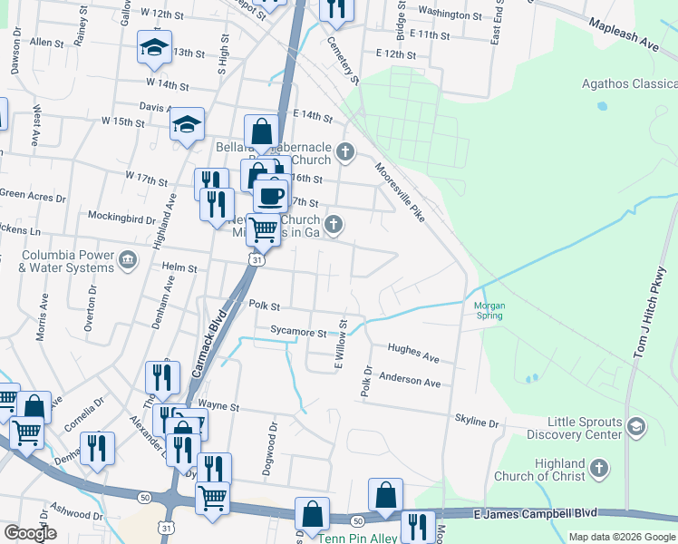 map of restaurants, bars, coffee shops, grocery stores, and more near 1913 Walnut Street in Columbia