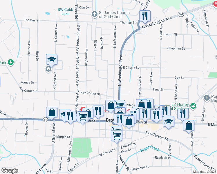 map of restaurants, bars, coffee shops, grocery stores, and more near 326 N Wilson Ave in Brownsville