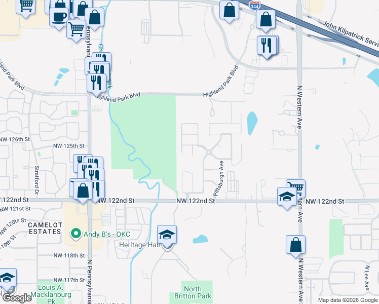 map of restaurants, bars, coffee shops, grocery stores, and more near 12512 Nittany Circle in Oklahoma City