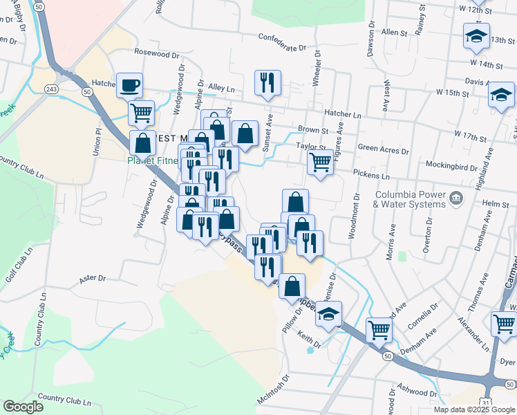 map of restaurants, bars, coffee shops, grocery stores, and more near 800 South James Campbell Boulevard in Columbia