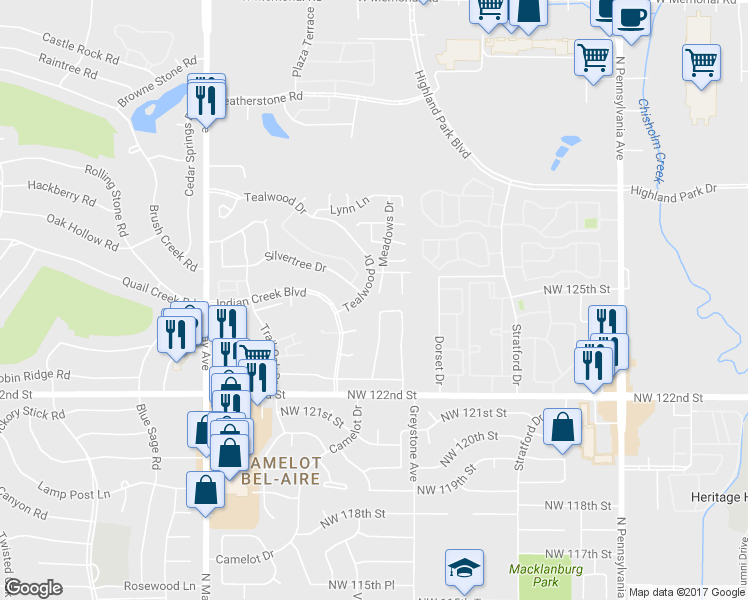 map of restaurants, bars, coffee shops, grocery stores, and more near 12601 Meadows Drive in Oklahoma City