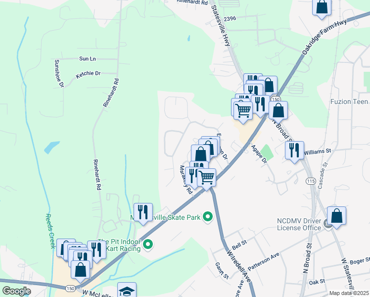 map of restaurants, bars, coffee shops, grocery stores, and more near 151 Limerick Road in Mooresville