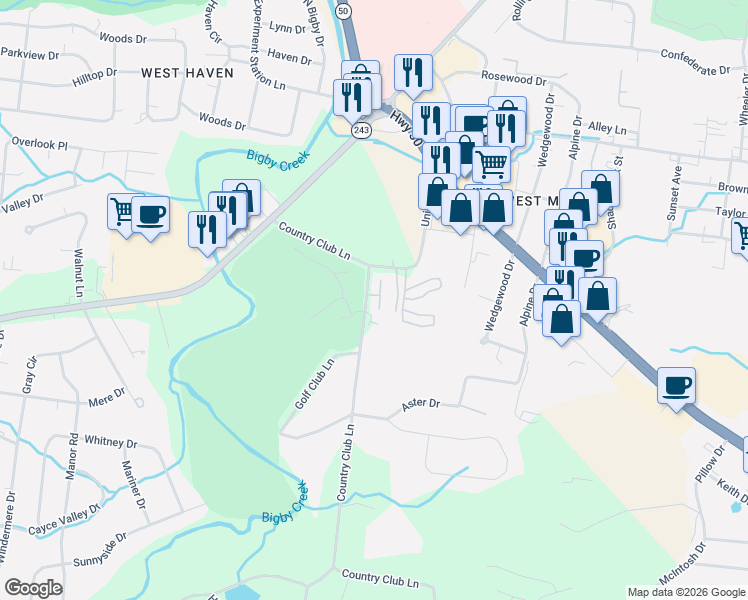 map of restaurants, bars, coffee shops, grocery stores, and more near 2015 Country Club Lane in Columbia
