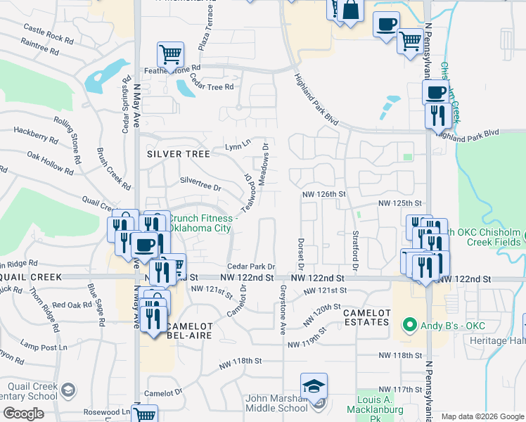map of restaurants, bars, coffee shops, grocery stores, and more near 12601 Meadows Drive in Oklahoma City