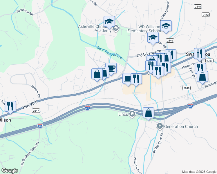 map of restaurants, bars, coffee shops, grocery stores, and more near 125 Martin Road in Swannanoa