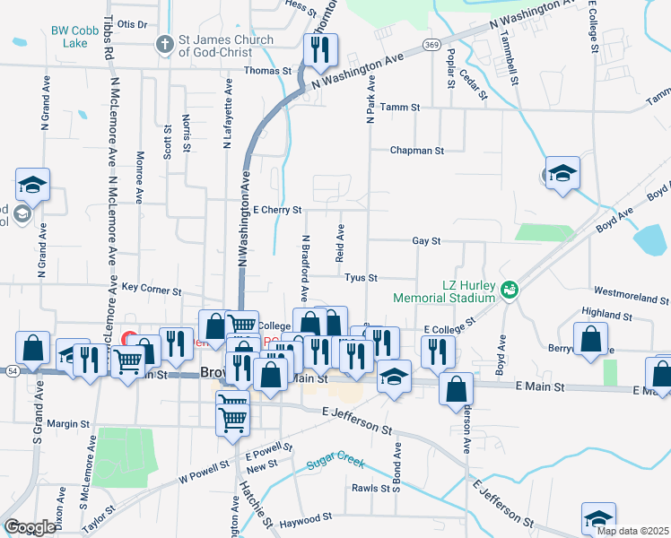 map of restaurants, bars, coffee shops, grocery stores, and more near 415 Tyus St in Brownsville