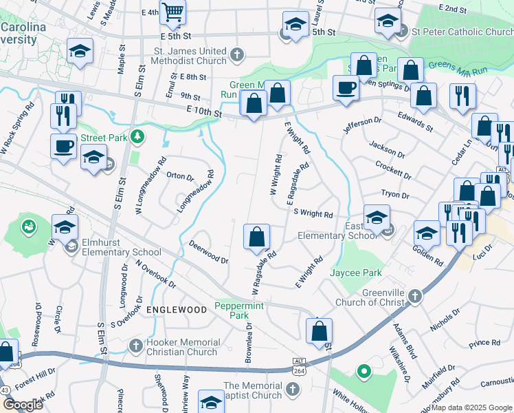 map of restaurants, bars, coffee shops, grocery stores, and more near 1106 West Wright Road in Greenville