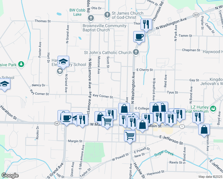 map of restaurants, bars, coffee shops, grocery stores, and more near 309 Key Corner Street in Brownsville