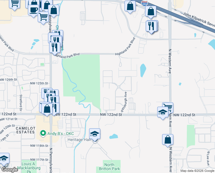 map of restaurants, bars, coffee shops, grocery stores, and more near 12512 Nittany Circle in Oklahoma City