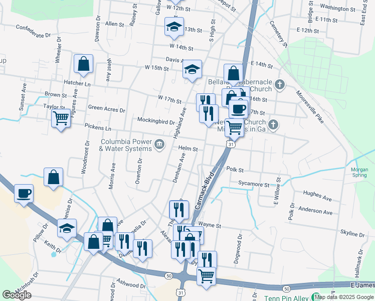 map of restaurants, bars, coffee shops, grocery stores, and more near 2001 Denham Avenue in Columbia