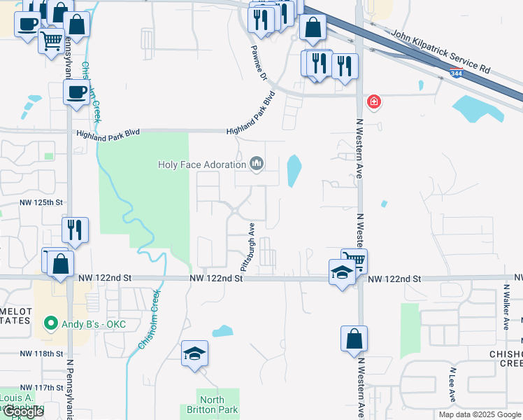 map of restaurants, bars, coffee shops, grocery stores, and more near 12613 William Penn Boulevard in Oklahoma City