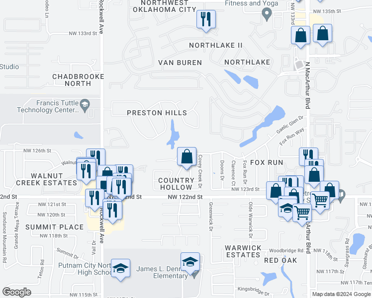 map of restaurants, bars, coffee shops, grocery stores, and more near 6701 Gaelic Glen Drive in Oklahoma City