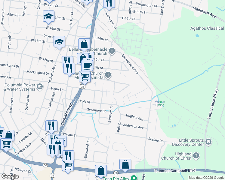 map of restaurants, bars, coffee shops, grocery stores, and more near 1913 Walnut Street in Columbia