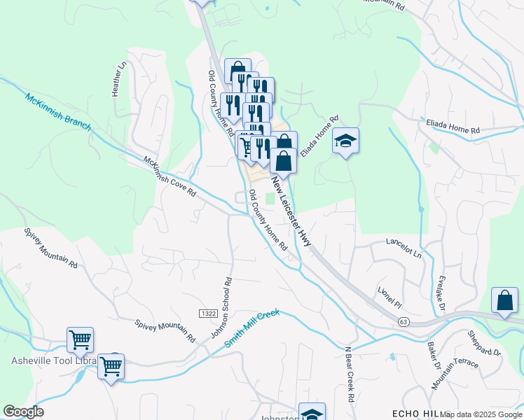 map of restaurants, bars, coffee shops, grocery stores, and more near 5 Glimmer Dr in Asheville