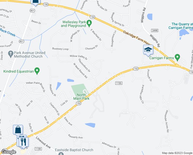 map of restaurants, bars, coffee shops, grocery stores, and more near 104 East Neel Ranch Road in Mooresville