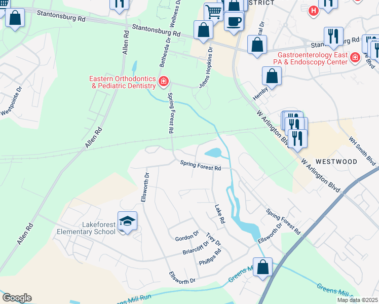 map of restaurants, bars, coffee shops, grocery stores, and more near 531 Spring Forest Road in Greenville