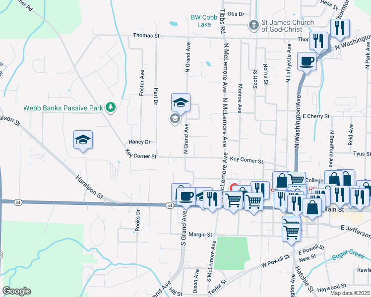 map of restaurants, bars, coffee shops, grocery stores, and more near 313 North Grand Avenue in Brownsville