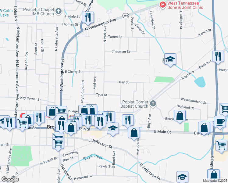 map of restaurants, bars, coffee shops, grocery stores, and more near 711 Tyus St in Brownsville