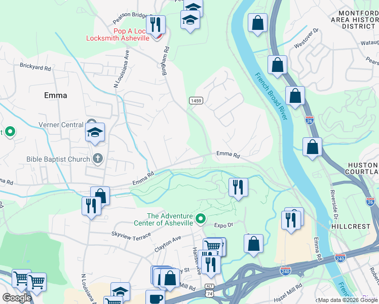 map of restaurants, bars, coffee shops, grocery stores, and more near 17 Delta Loop in Asheville