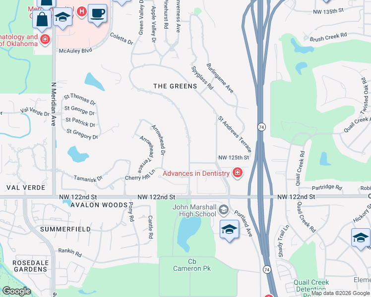 map of restaurants, bars, coffee shops, grocery stores, and more near 12601 Green Valley Drive in Oklahoma City
