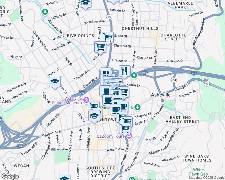 map of restaurants, bars, coffee shops, grocery stores, and more near 80 U.S. 25 in Asheville