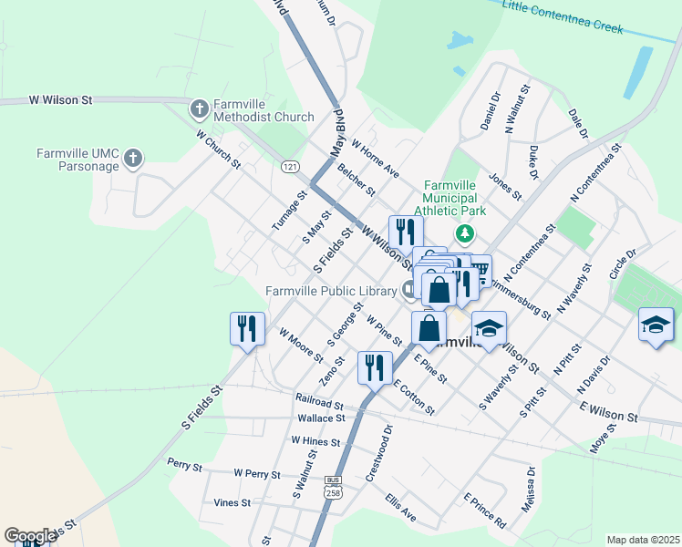 map of restaurants, bars, coffee shops, grocery stores, and more near 200-298 South Barrett Street in Farmville