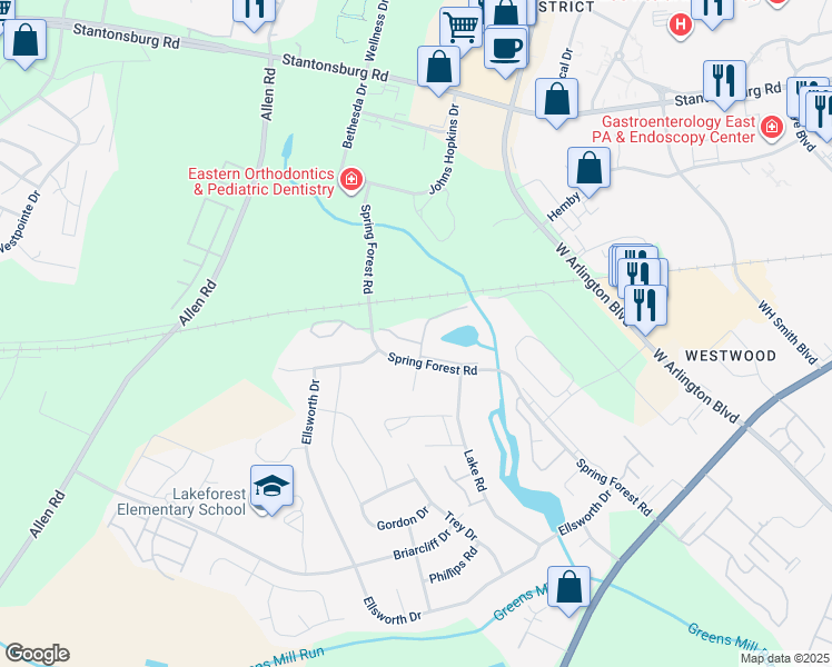 map of restaurants, bars, coffee shops, grocery stores, and more near 531 Spring Forest Road in Greenville