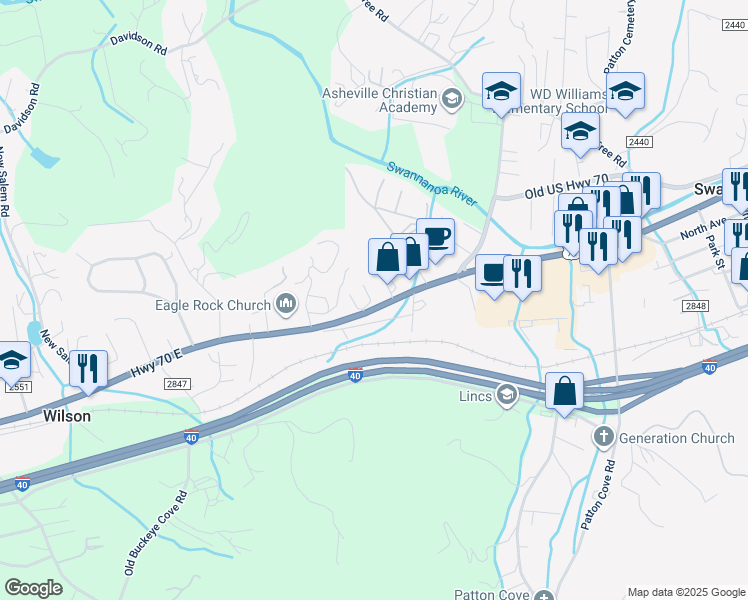 map of restaurants, bars, coffee shops, grocery stores, and more near 7 East Top Drive in Swannanoa